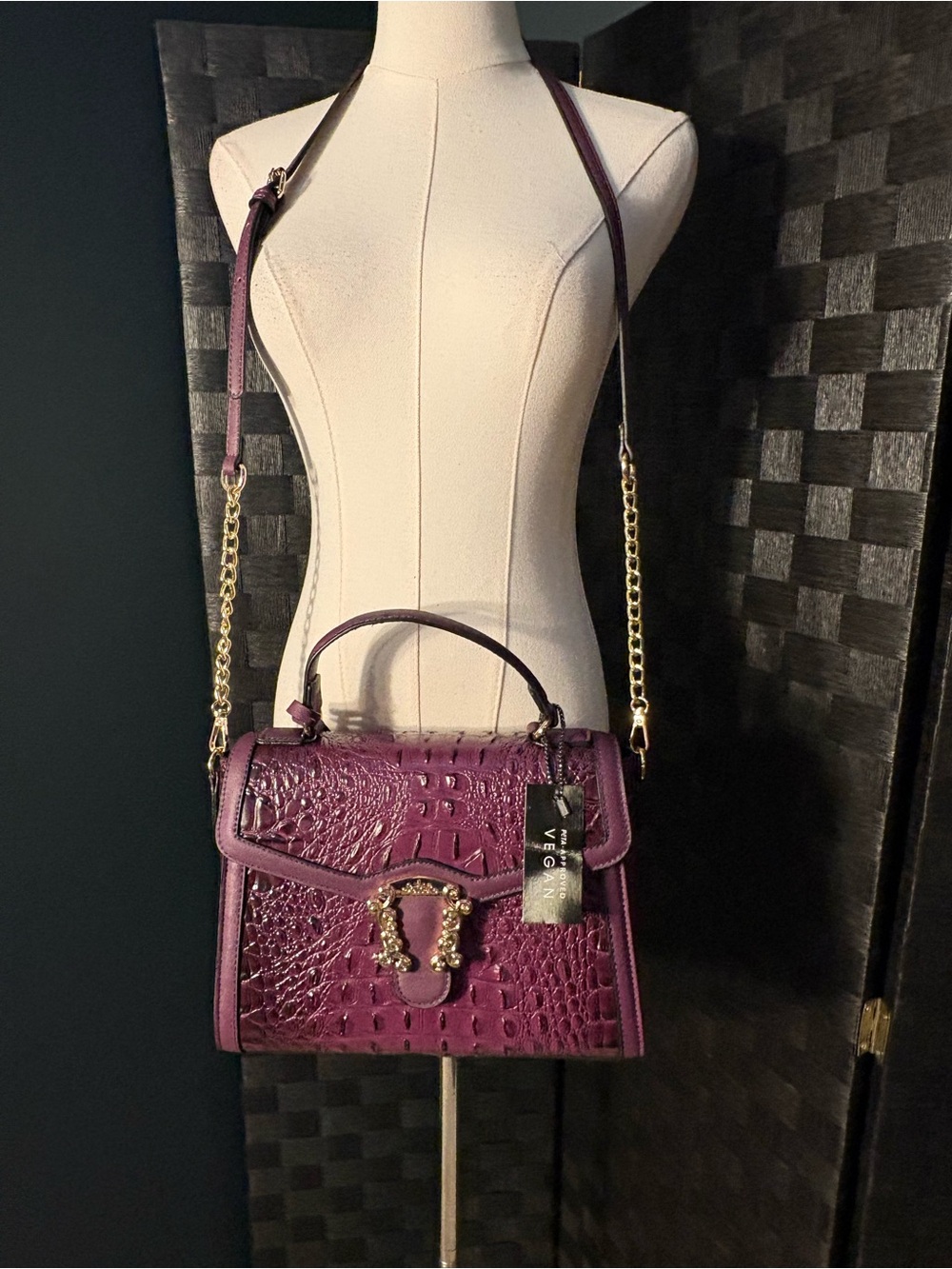 Purple Croc-Embossed Vegan Leather Top-Handle Satchel Matching Wristlet Wallet